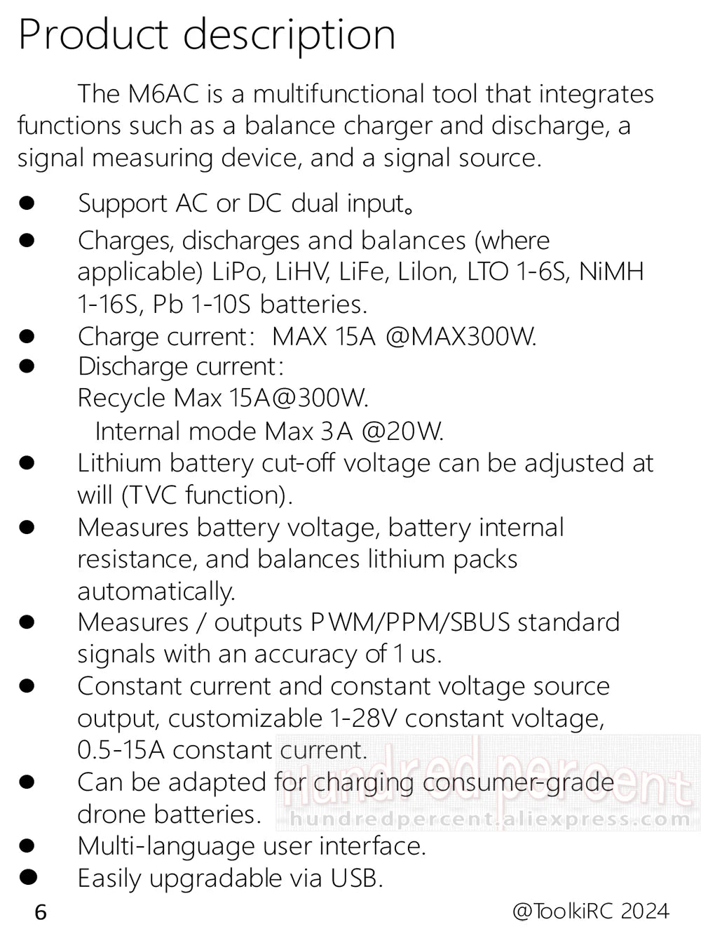 ToolkitRC M6AC Smart Lipo Battery Charger Discharger AC 120W DC300W MAX30A for 1-6S Battery FPV Model Spare Part LiHV LIFE LILON