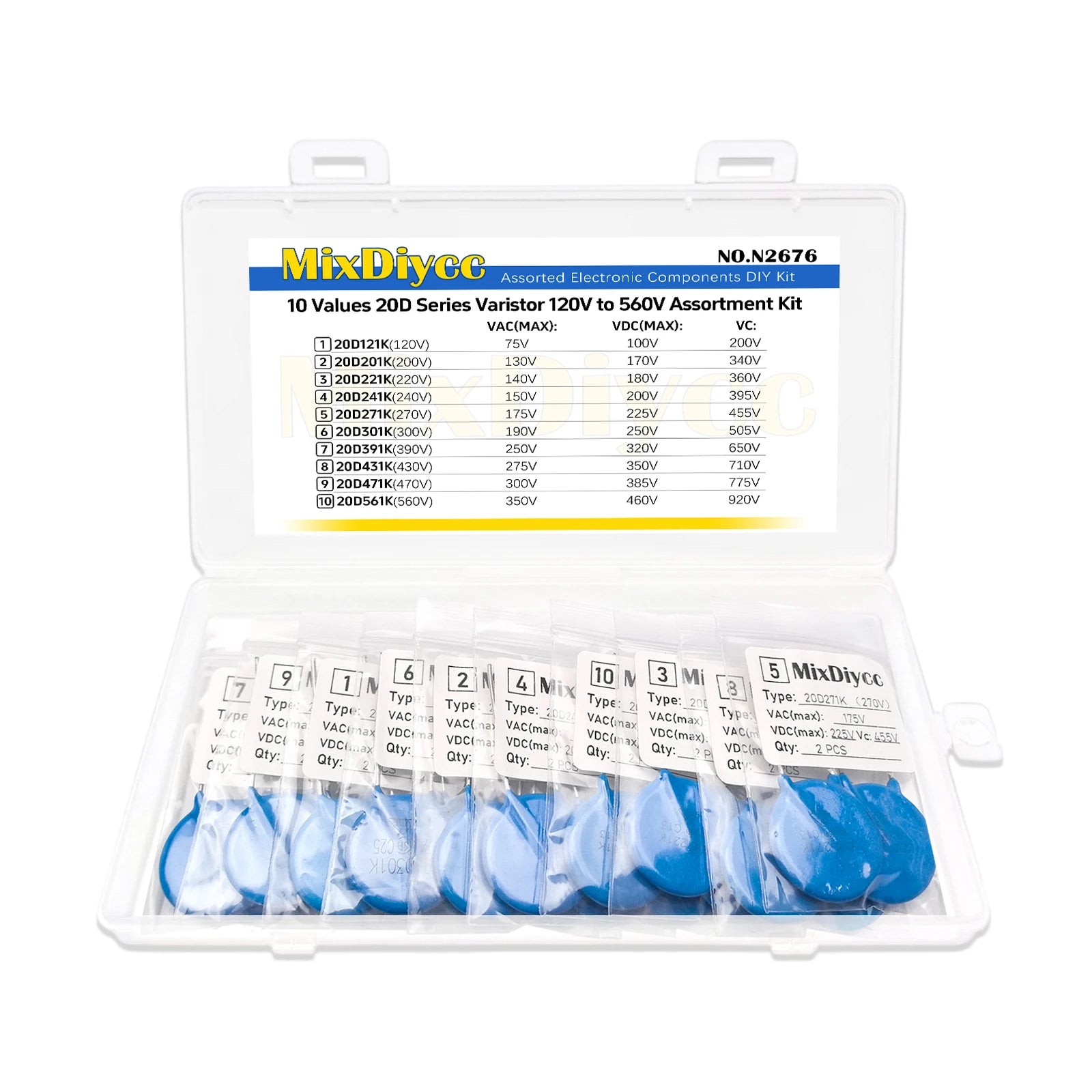 10 Values 20D Varistor Kit piezoresistor resistor VDR 121K/201K/221K/241K/271K/301K/391K/431K/471K/561K Total 20 Pcs