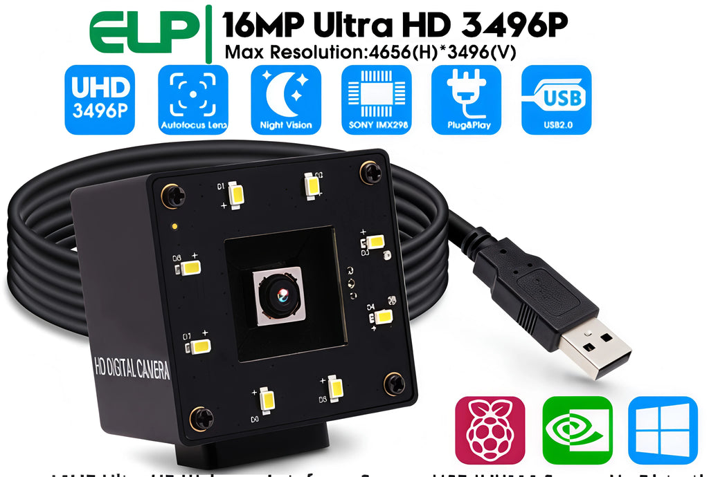 ELP 16MP Autofocus USB Camera IMX298 Sensor Ultra HD No Distortion Webcam with Night Vision White LED for Security System