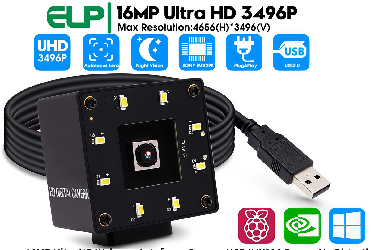 ELP 16MP Autofocus USB Camera IMX298 Sensor Ultra HD No Distortion Webcam with Night Vision White LED for Security System