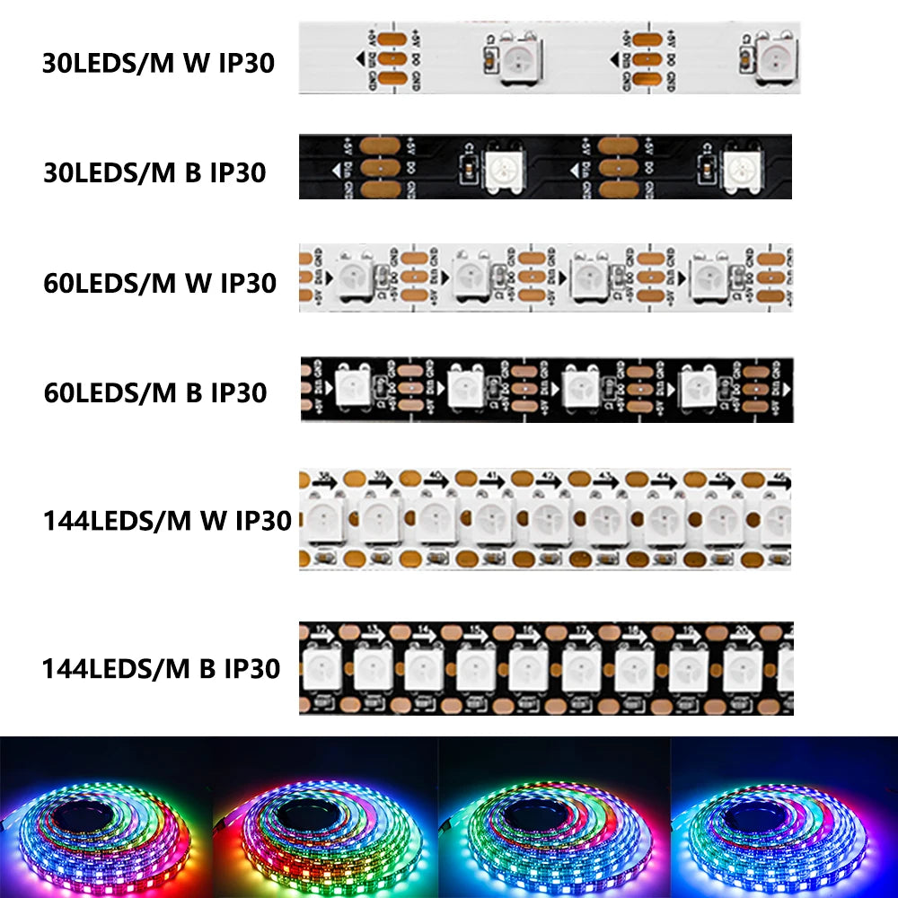 WS2812B DC5V Individually Addressable Led Strip 30/60/74/96/144leds/m WS2812 5050 RGBIC Smart Pixels Led Light IP30/65/67 DC5V