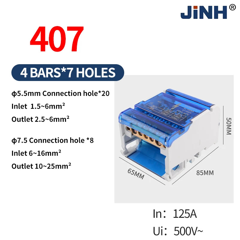 JINH Din Rail Distribution Terminal Block Screw Connection High Power 2 4 Bus Universal Electric Wire Connector Junction Box