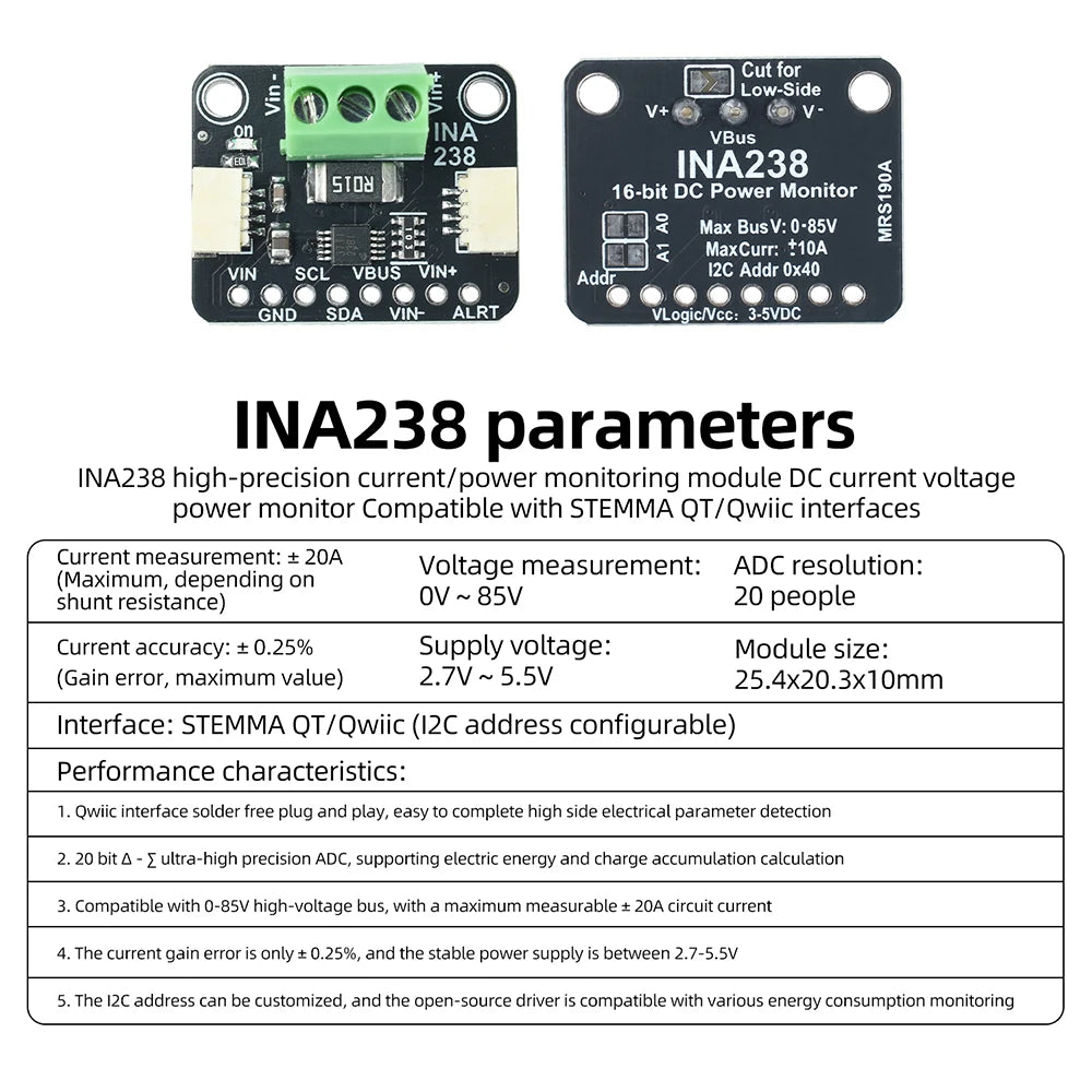INA228 INA238 INA237 Current Power Monitor Module STEMMA QT Qwiic I2C 85V 20A ADC Energy Accumulation for BMS Solar PV IoT