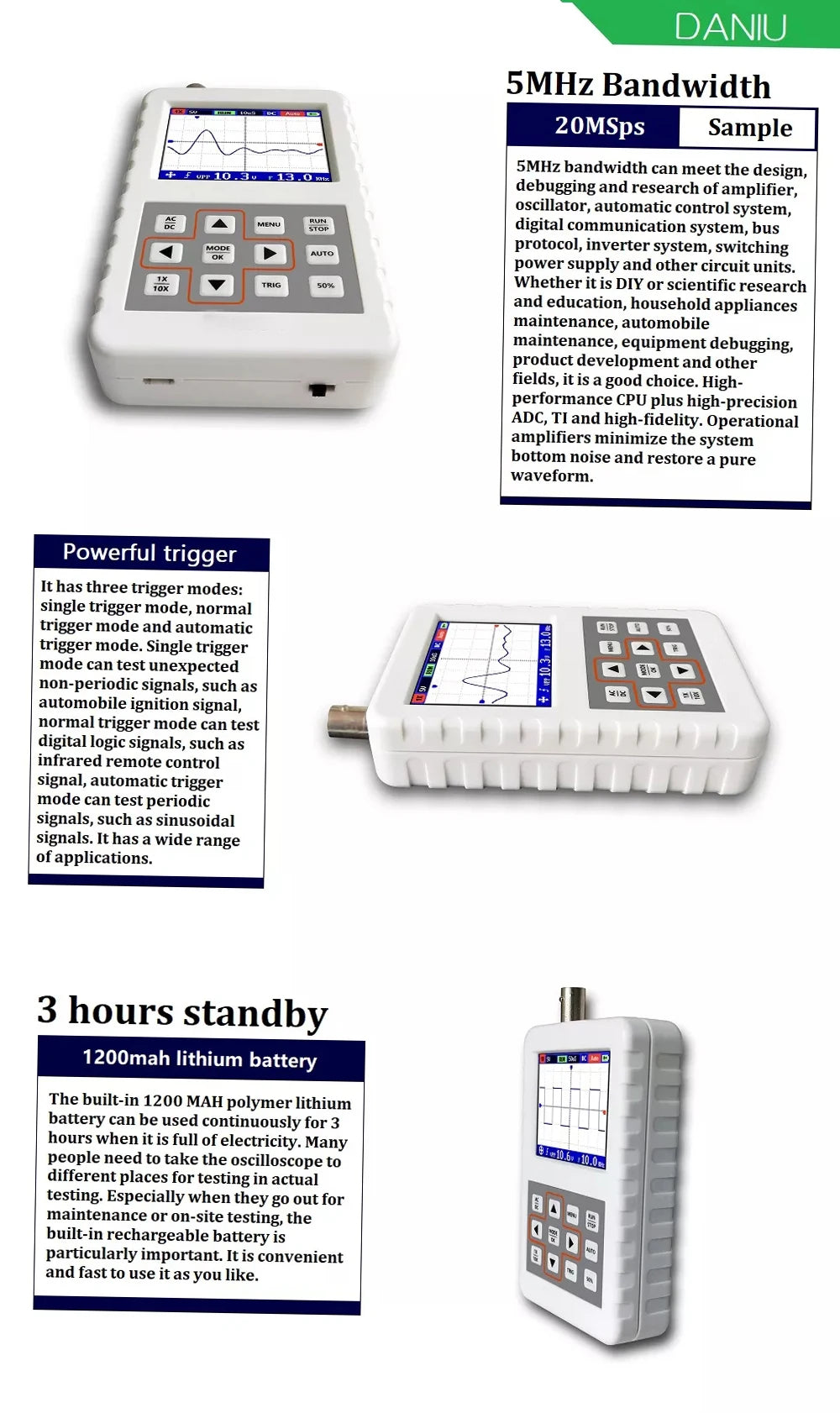 DSO PRO Handheld Digital Oscilloscope Portable Palm Size Oscillograph 5M Bandwidth 20MS/s Sampling Rate with P6100 BNC Probe