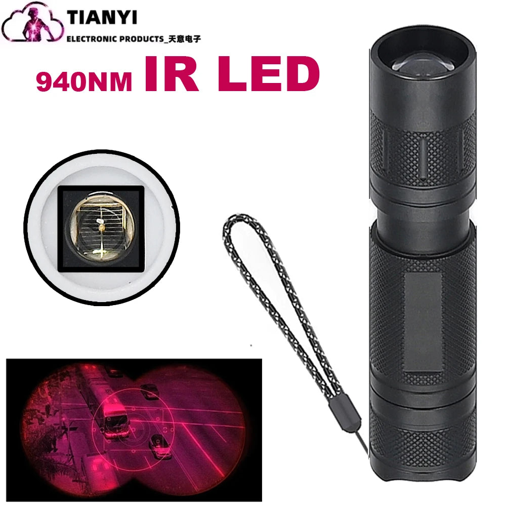 Professional Focus Night Vision Hunting Torch, Tactical Infrared Radiation Zoomable LED Flashlight, IR 850nm, 940nm, 10W