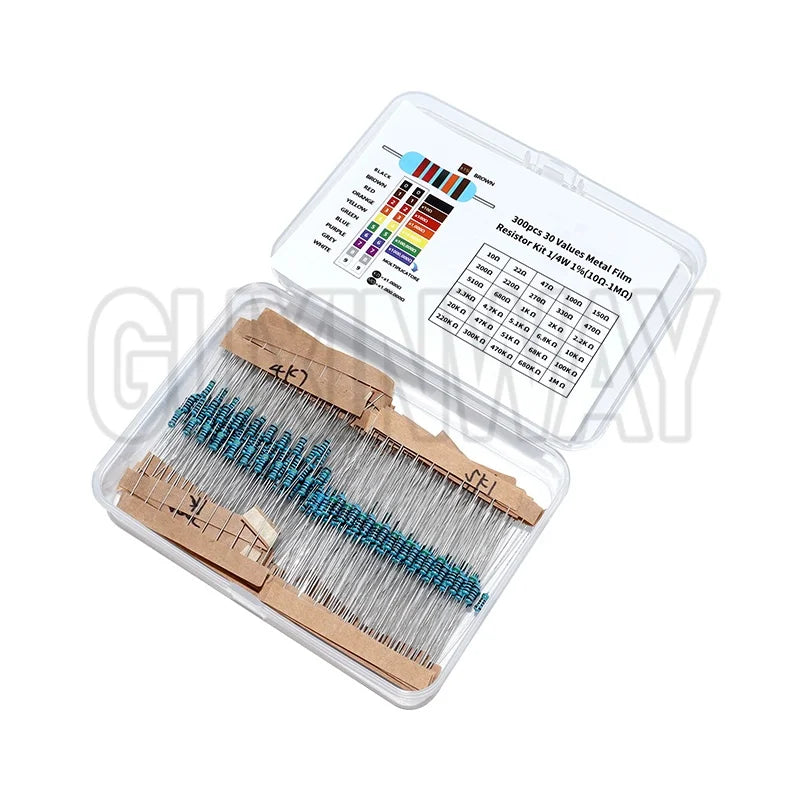 300/600PCS 1/4W Metal Film Resistor kit 1% 30 values 0.25W Resistors Kit 10Ω~1MΩ colored ring resistance Electronic Kit