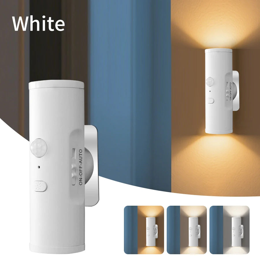 Rechargeable Motion Sensor LED Night Light Double Head Magnetic 3 Color Wall Lamp USB Charging for Closet Stairs Hallway Kitchen
