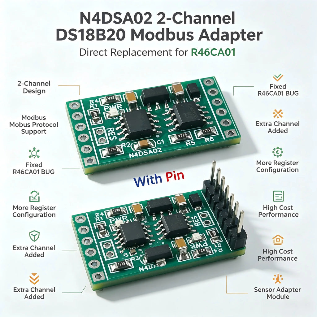 Industrial Dual DS18B20 RS485 Modbus RTU Temperature Module, 5-24V DC, for Smart Home Thermostat & IO