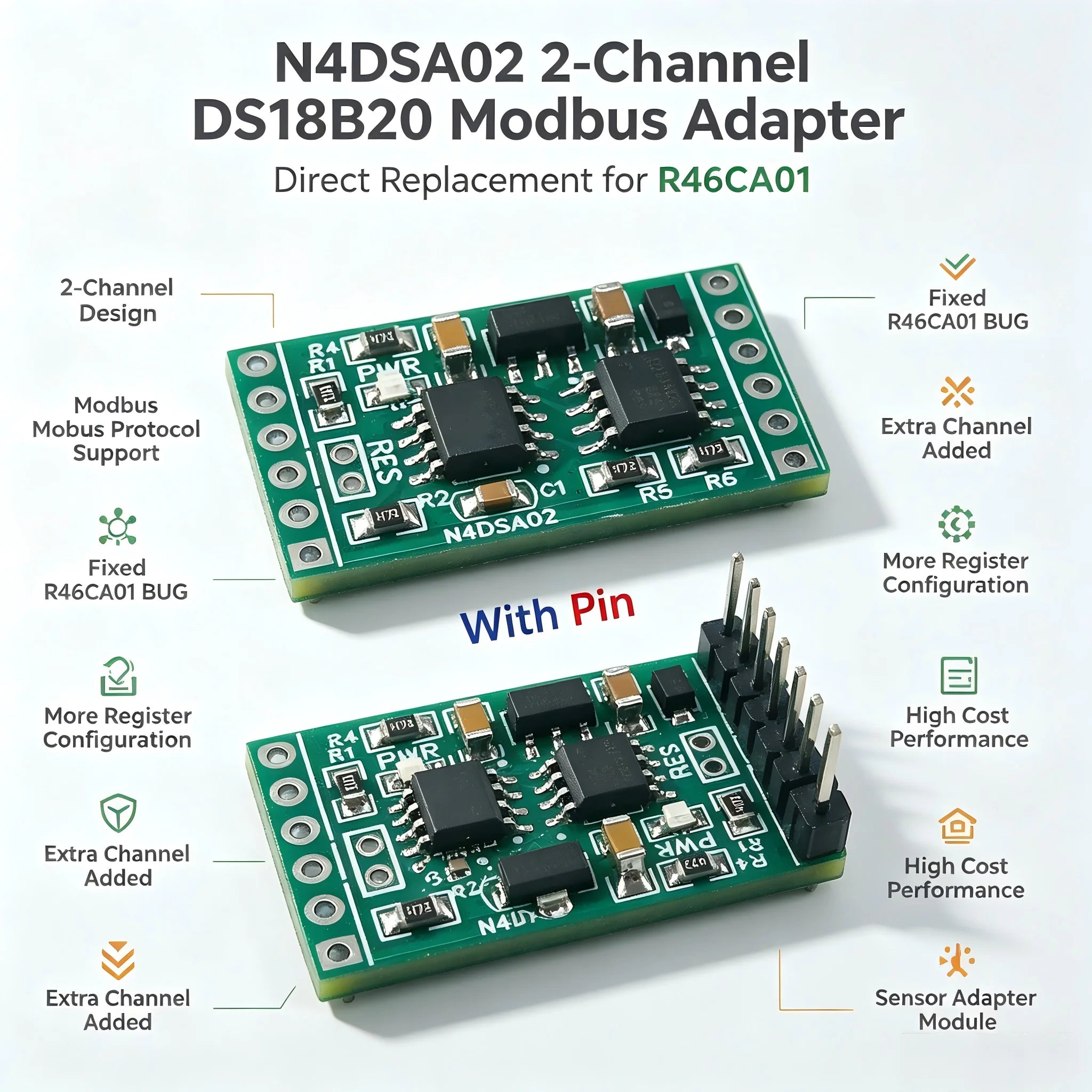 Industrial Dual DS18B20 RS485 Modbus RTU Temperature Module, 5-24V DC, for Smart Home Thermostat & IO