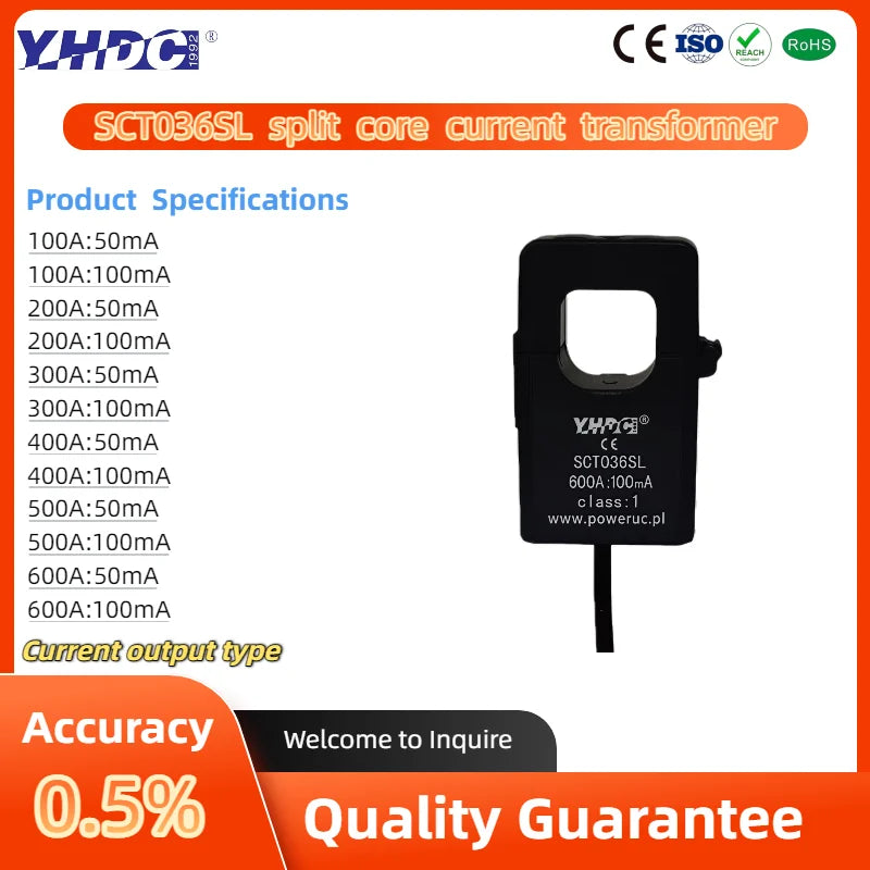 YHDC SCT036SL  100A/200A/300A/400A/500A/600A  0.333V/1V/3V/5V Accuracy 1% Split Core Current Sensor AC Current Transformer