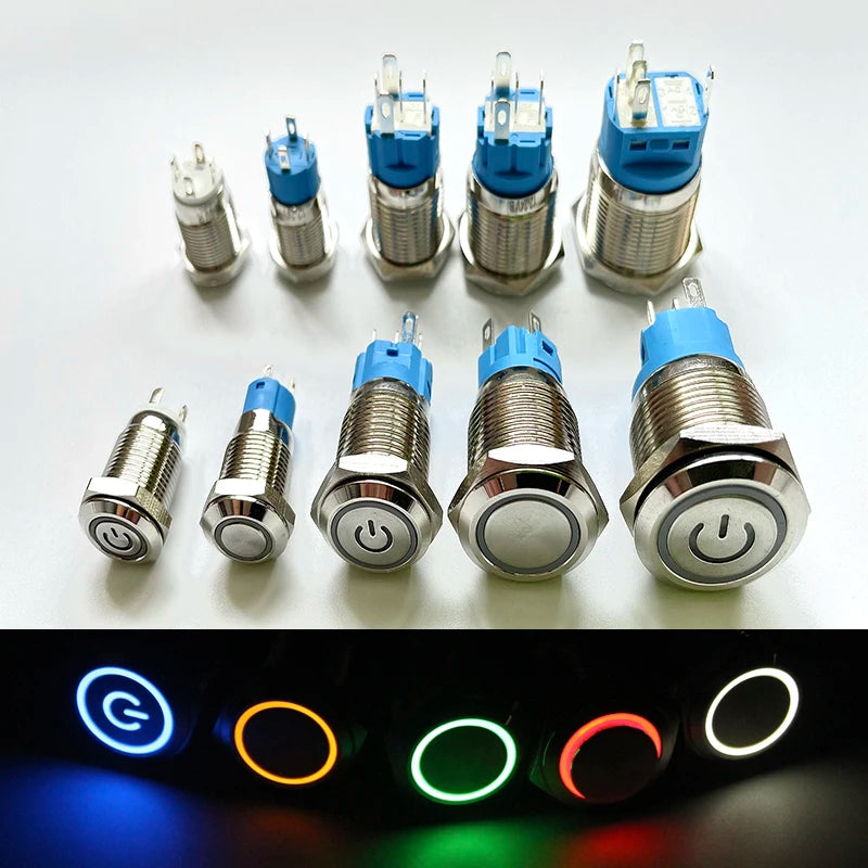 Button Switch 12/16/19/22mm Momentary Latching Fixed Push On Off Power Start Stop Electric LED Light 3V 6V 12V 24V 220V