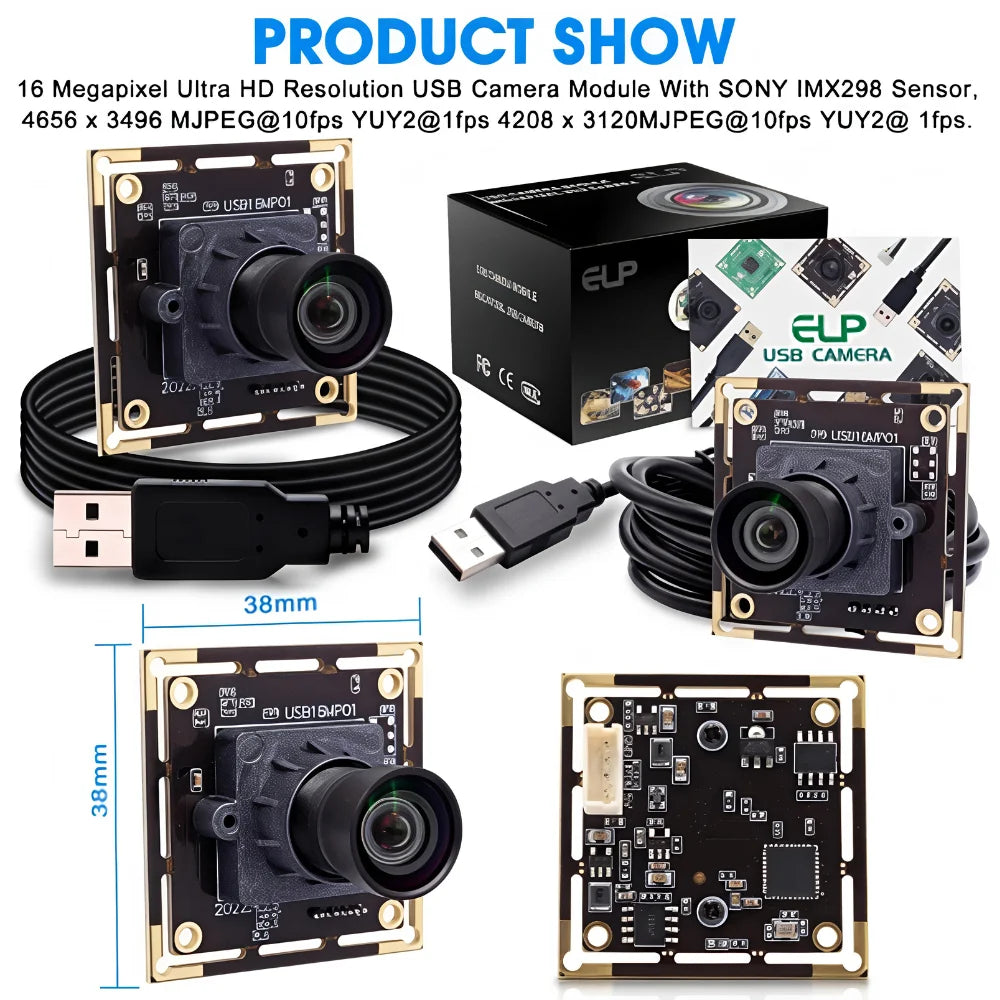 ELP 16MP No Distortion USB Webcam IMX298 Color Sensor HD Surveillance Camera Module for OCR Passport Scanning