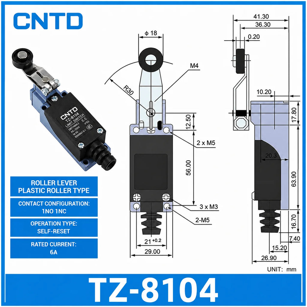 2Pcs CNTD TZ‑8 Series Micro Limit Travel Switch IP65 Waterproof 1NO+1NC 10A 250VAC Industrial Mechanical Position Switch
