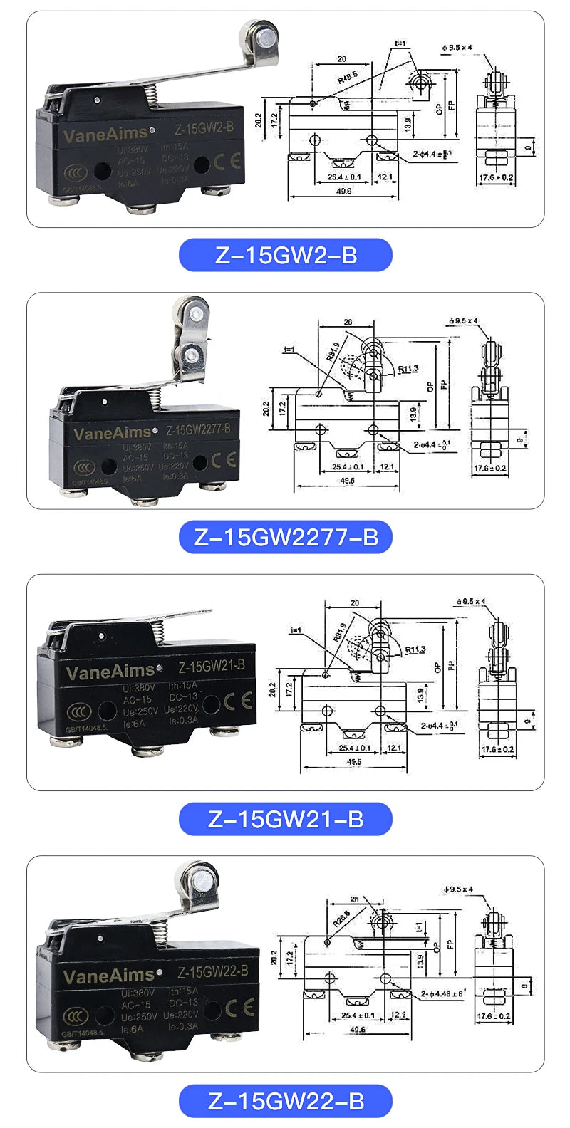 Z-15 Micro Limit switch Travel Switch Small Horizontal Roller Lever 15A 250V 1NO1NC Normally Open Normally Closed Travel Switch