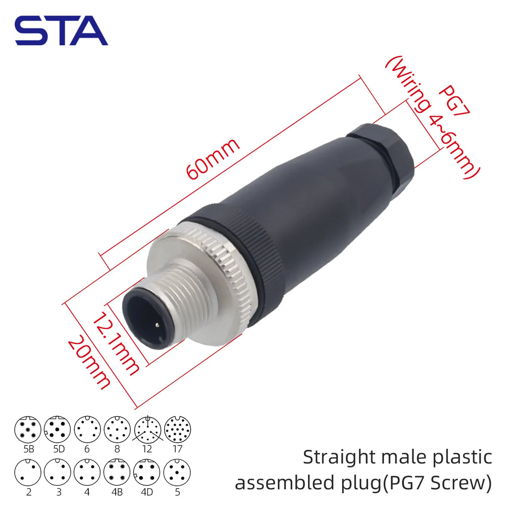 M12 Screw Termination Plastic Field Plug NMEA2000 5 Pin Straight Angled IP67 Waterproof 3 4 6 8 Poles Sensor Connectors PG7 PG9