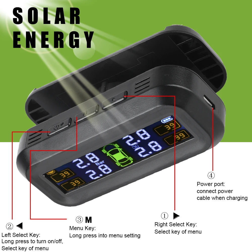 Temperature Warning Fuel Save Tire Pressure Monitoring System Solar TPMS With 4 External Sensors Car Tyre Pressure Monitor