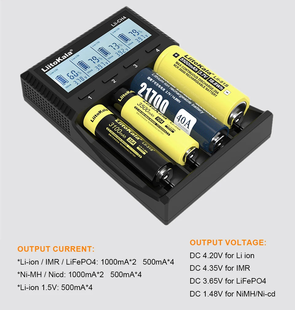 LiitoKala Lii-CH4 Smart Charger for 18650/21700/26650/AA/AAA/Ni-MH/Li-ion,1.2V/1.5V 4-Slot Fast Charge, USB-C, Auto Detect