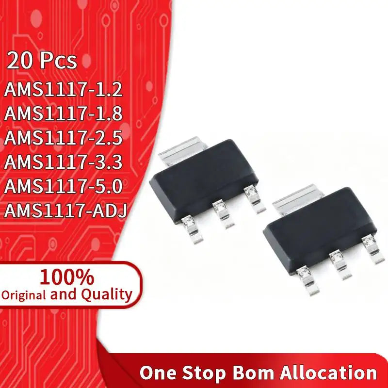 20Pcs AMS1117-1.2 AMS1117-1.8 AMS1117-2.5 AMS1117-3.3 AMS1117-5.0 AMS1117-ADJ LDO Regulator 1A SOT-223 SMD Arduino USB Power IC