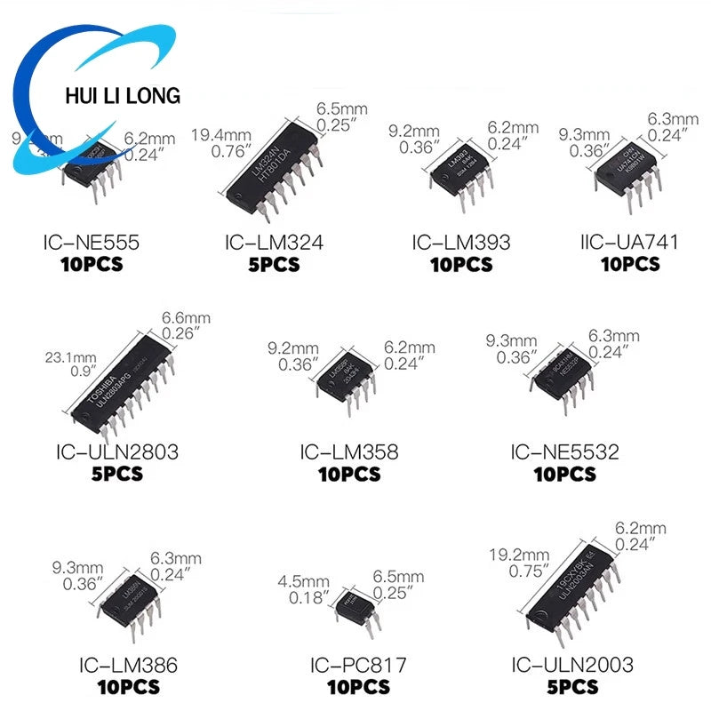 85PCS 10 Types NE555 LM324 LM393 UA741 ULN2803 LM358 LM386 NE5532 ULN2003 PC817 Integrated Circuit DIP IC Combination Chip Kit