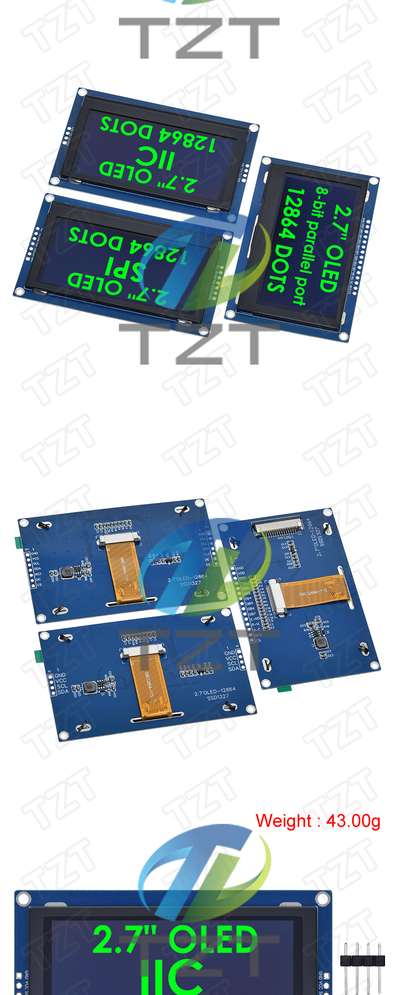 2.7 Inch OLED LCD display 128x64 drives SSD1327 IIC / SPI / 8-bit parallel port For Arduino
