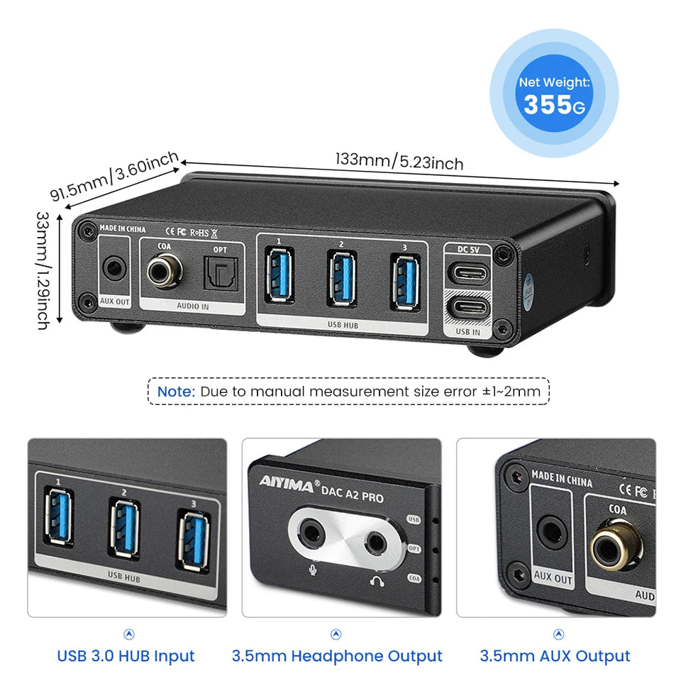 AIYIMA Audio DAC-A2 PRO USB Gaming DAC Headphone Amplifier Hub USB Mini Decoder for PS5 Desktop Gaming Headset Active Speakers