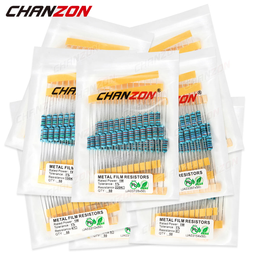 50Pcs 36 Values 1W 1% 0.1ohm - 1M ohm Metal Film Resistors 1Watt High Precision MF Fixed 470 1K 2.2K 4.7K 10K 100K 220K 4R7 2K2