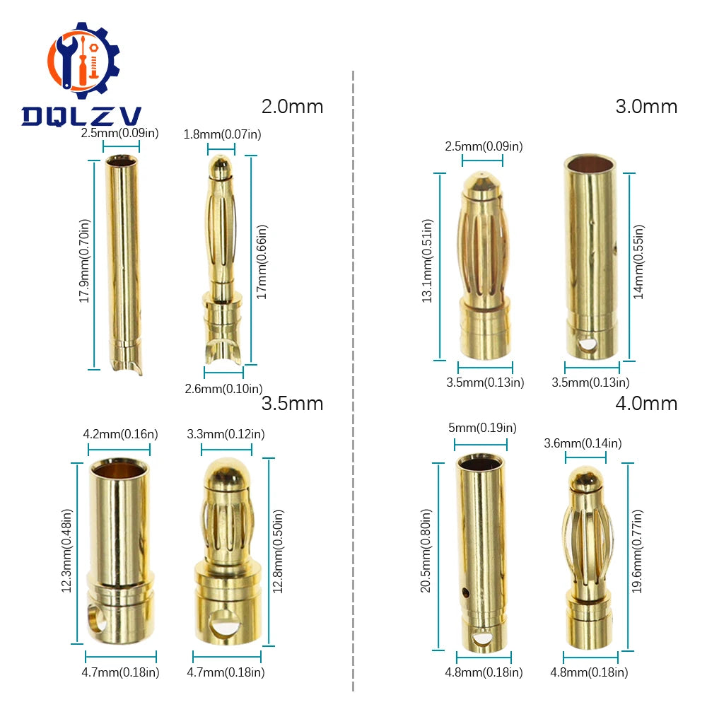 2.0mm 3.0mm 3.5mm 4.0mm 5.5mm 6.0mm 8.0MM Gold Bullet Banana Connector plug for ESC Lipo RC battery Plugs