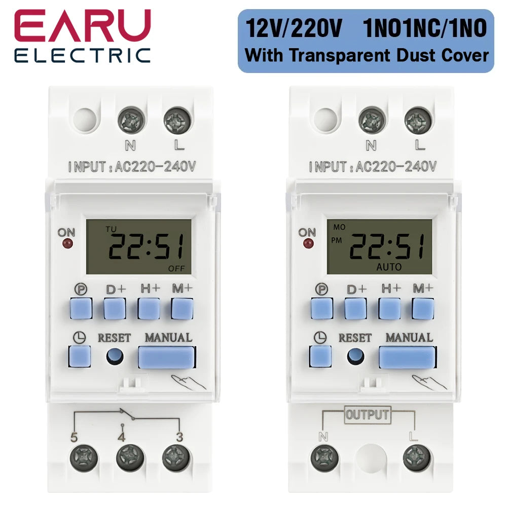 EARU DC AC 220V 12V THC15A 30A Electronic Weekly 7 Days Programmable LCD Digital Timer Switch Relay Control Din Rail 1NO1NC 1NO
