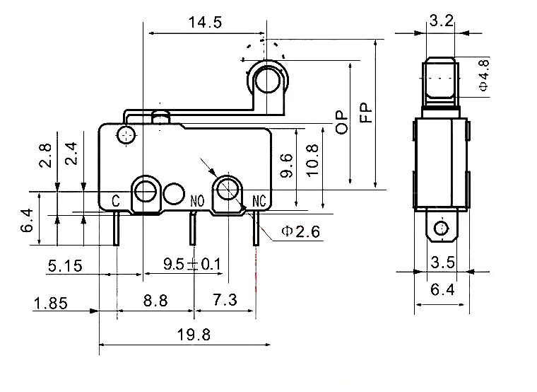 40PCS/Box Mini Micro Limit Switch - NO NC SPDT 2P/3P Terminals 5A 125V/250V Roller Arc Lever Snap Action Switch