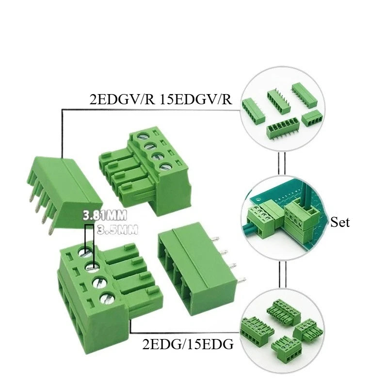 10PCS/Pairs 2EDG 15EDG 3.5MM 3.81MM  PCB Screw Terminal Block Connector Pulg  Header Socket  Green Phoenix Terminal Block 2-24P