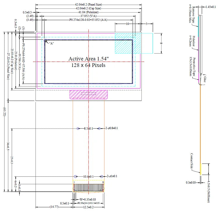 1.51 1.54 Inch 24PIN SPI/IIC/6800 COG 3.3V Blue PMOLED Screen SSD1309 Graphic 128x56 Display Transparent OLED 128x64