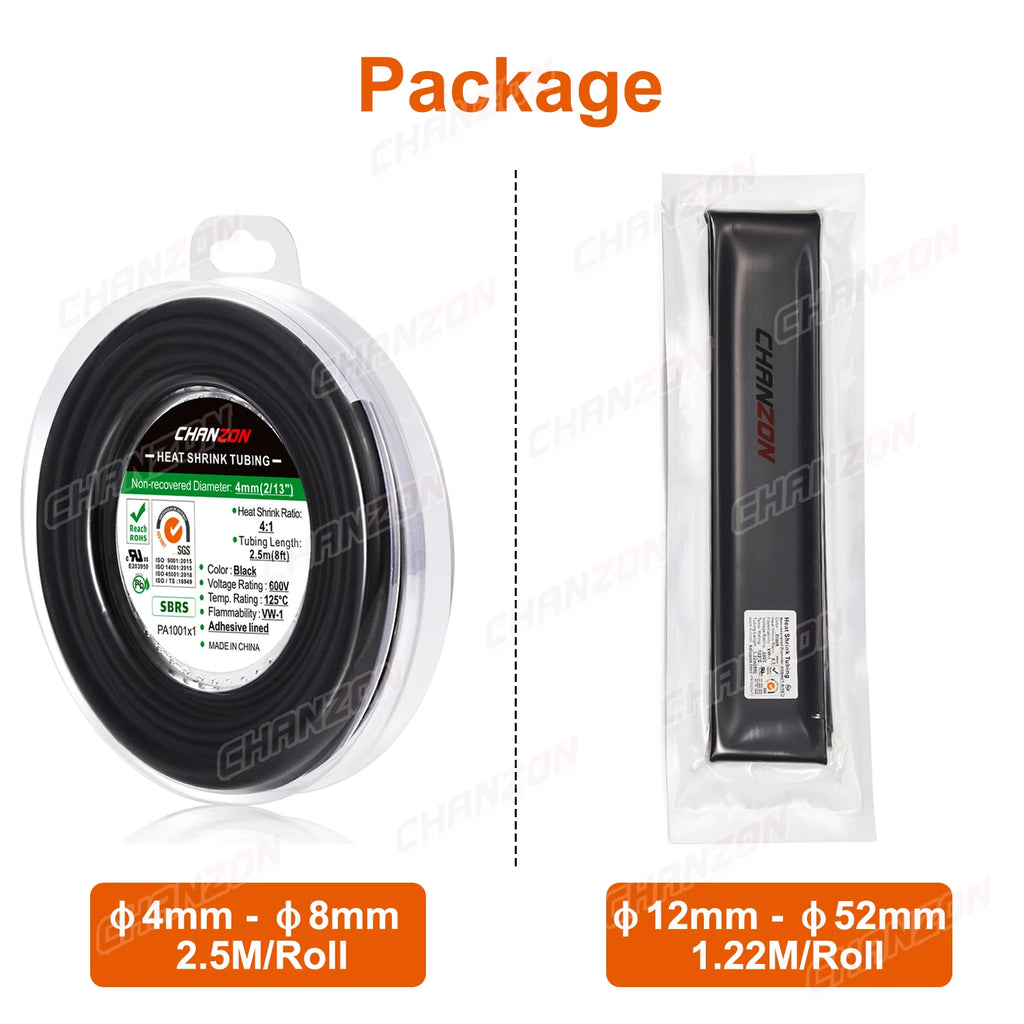 4:1 4mm - 52mm Heat Shrink Tubing With Glue Dual Wall Adhensive Lined Wire Tube Hose Black Waterproof Cable Sleeves 1.22M / 2.5M