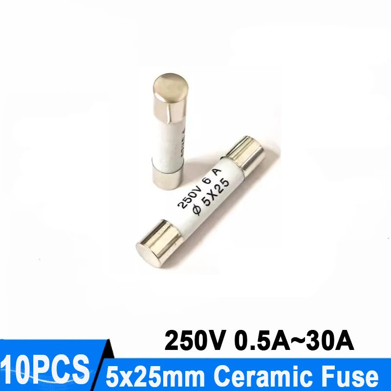10PCS 5*25MM Ceramic fuse 250V 0.5A 1A 2A 3A 4A 5A 6A 8A 10A 13A 15A 16A 20A 25A 30A Ceramic Fuse 5*25MM 250V RO55