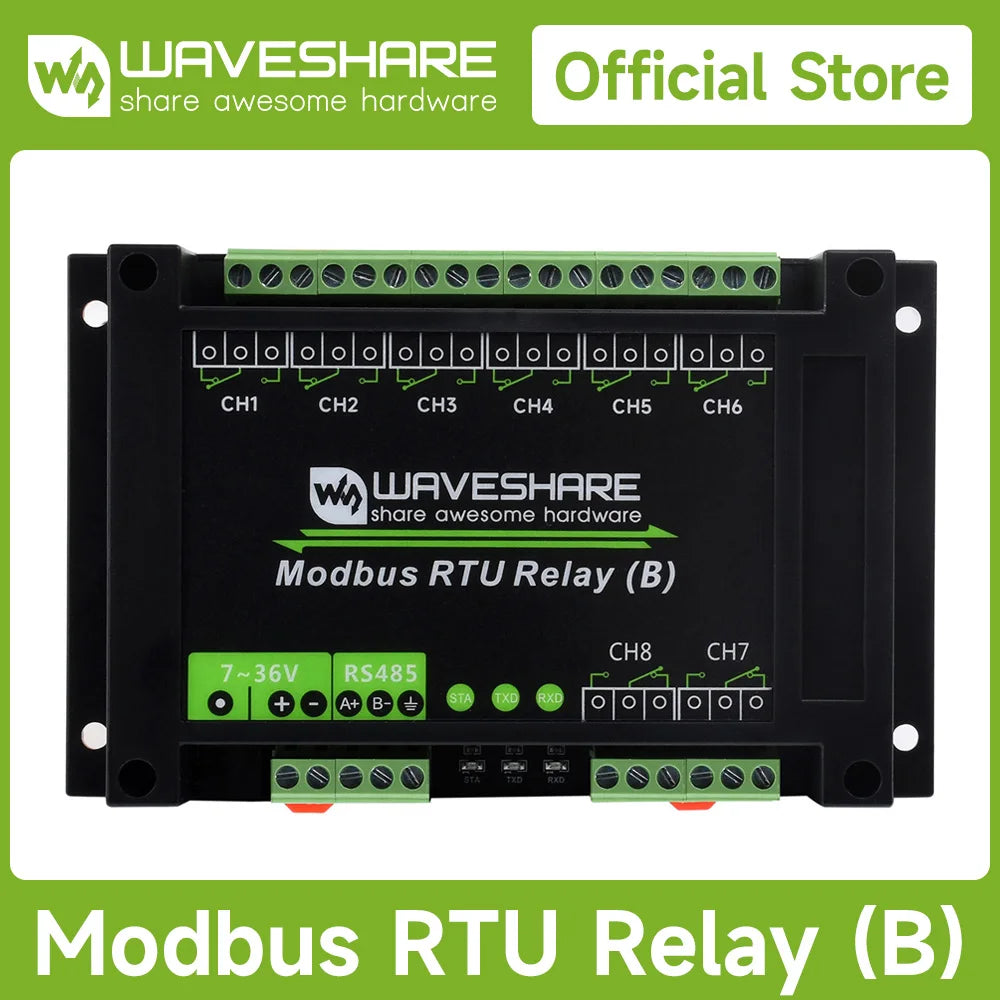 Waveshare Industrial Modbus RTU 8-ch Relay Module (B) with RS485 Interface, Multi Isolation Protection Circuits, 7~36V