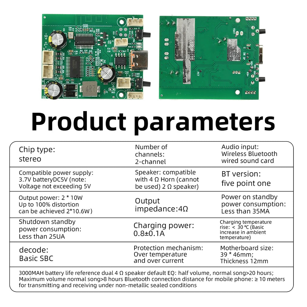 DC 3.7-5V TWS Stereo Bluetooth Power Amplifier Board Dual Channel High Sound Quality 2x10W Output Sound Module Supports Charging
