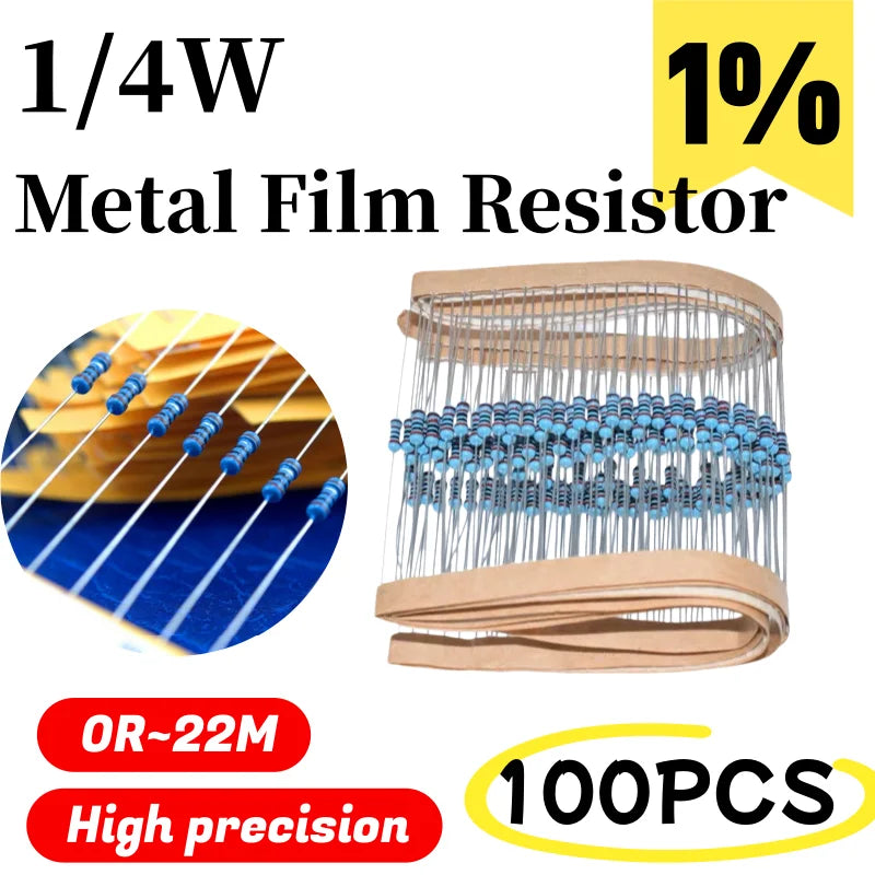 100pcs 1/4W 0R-22M 1% Metal Film Resistor 0.25W 0 2.2 10 100 150 220 270 330 470 1K 2.2K 4.7K 10K 47K 100K 470K 1M 10M 20M Ohms