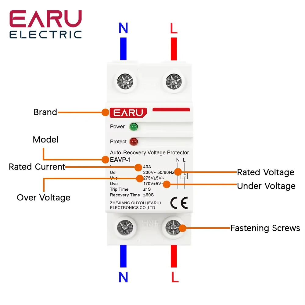EARU 40A 63A AC 230V 400V Din Rail Automatic Recovery Reconnect Over Voltage Under Voltage Protective Device Protection Relay