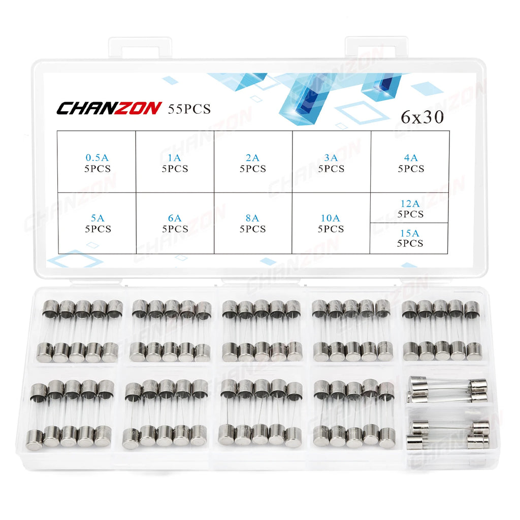 20/55pcs 6x30 Glass Tube Fuses Fast Slow Blow 6*30 6x30mm Kit 0.5A 1A 2A 3A 4A 5A 6A 8A 10A 12A 15A 250V 125V 12V Assortment Set