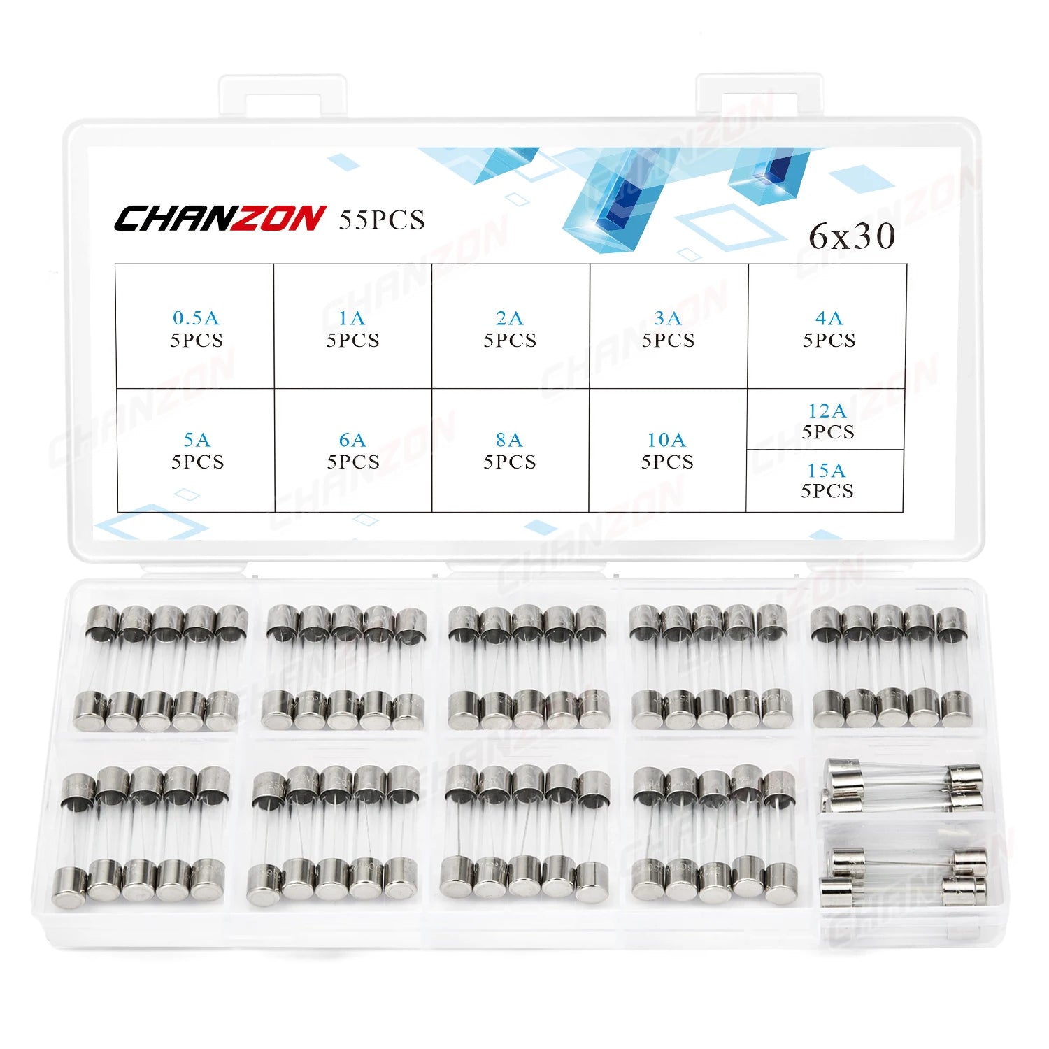 20/55pcs 6x30 Glass Tube Fuses Fast Slow Blow 6*30 6x30mm Kit 0.5A 1A 2A 3A 4A 5A 6A 8A 10A 12A 15A 250V 125V 12V Assortment Set