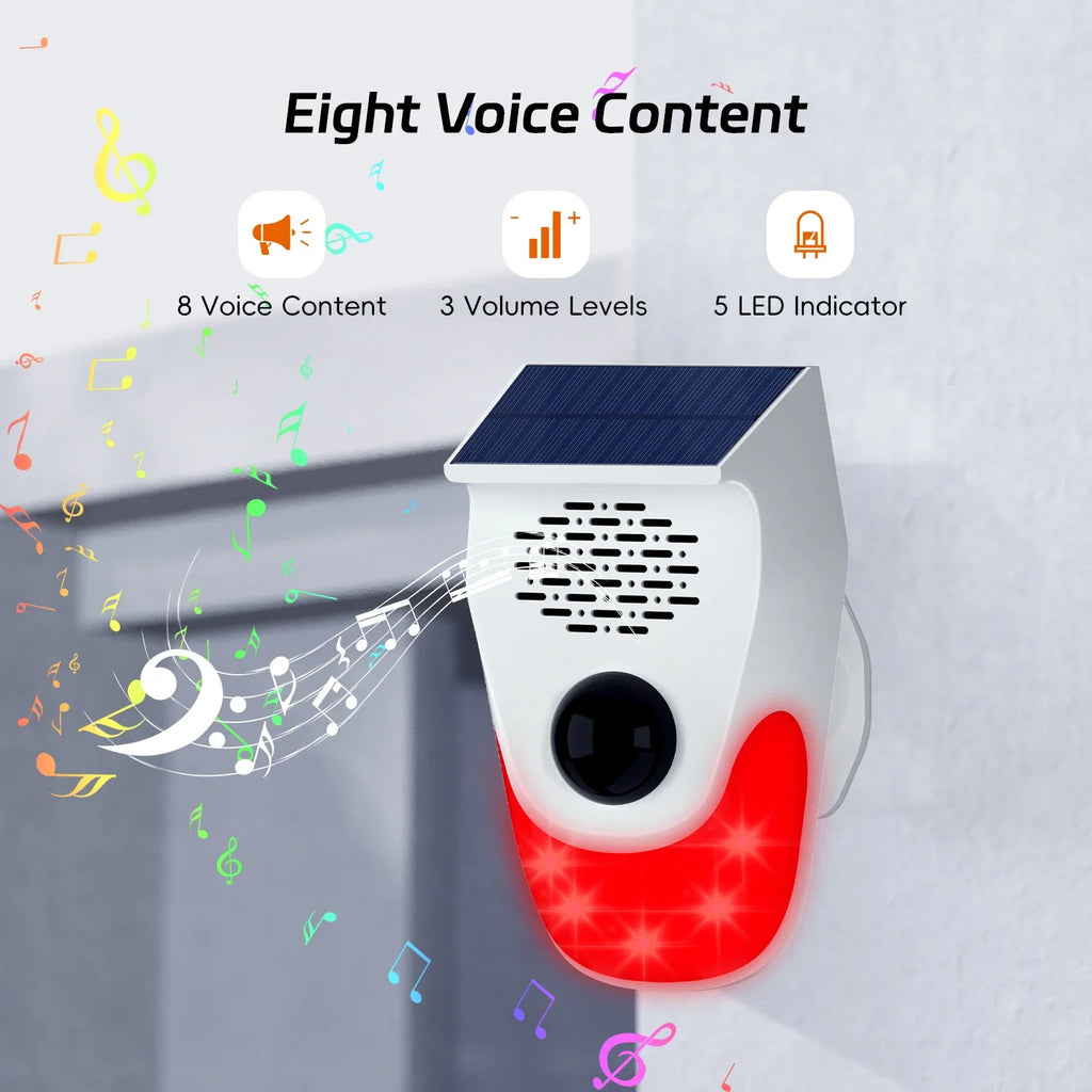 120db Solar Infrared Motion Alarm Sensor Remote Control Siren Strobe Light DIY Voice Announcer Outside Weatherproof PIR Sensor