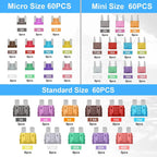 50/100/180Pcs Standard Car Fuses Assorted Kit, 60 Mini Blade Car Fuse +60 Standard Fuse Automotive +60 Micro Fuse