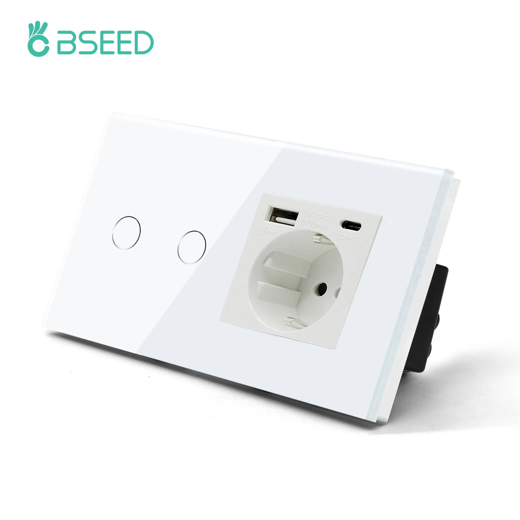 BSEED 1/2/3Gang Touch Light Switch 1Way Simple Sensor Switch Type-c USB Sockets EU Standard Glass Panel Blue Backlight 10A White