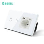 BSEED 1/2/3Gang Touch Light Switch 1Way Simple Sensor Switch Type-c USB Sockets EU Standard Glass Panel Blue Backlight 10A White