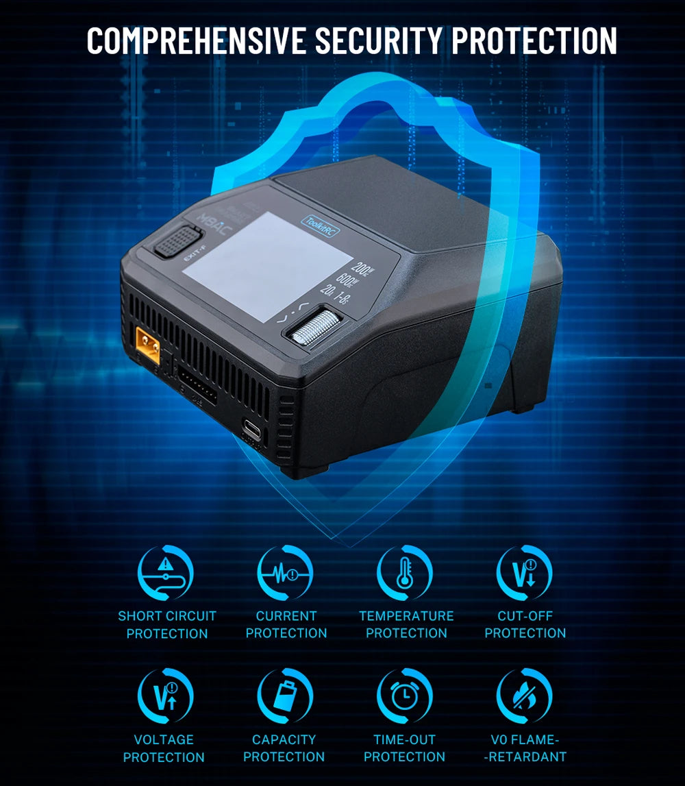 ToolkitRC M8AC Smart Lipo Battery Charger Discharger AC 200W DC 600W 20A for 1-8S LiHV Lipo Battery PD 65W FPV Model Parts Car