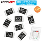 SMD 0603 Resistors 100 Pcs 0ohm - 10M Ohm 1/10 Watt 1% High Precision Film Chip Fixed Resistance 1K 2.2K 10K 300K 220K 4R7 2K2