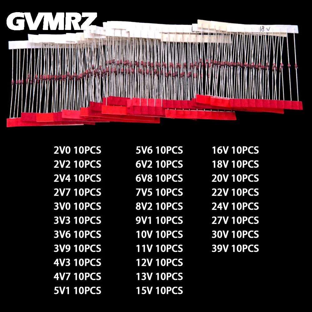 30Values 300PCS 0.5W Zener Diode Sample Package 2V0-39V DO-35 2V0 2V2 2V4 2V7 3V0 3V3 3V6 3V9 4V3 4V7 5V1