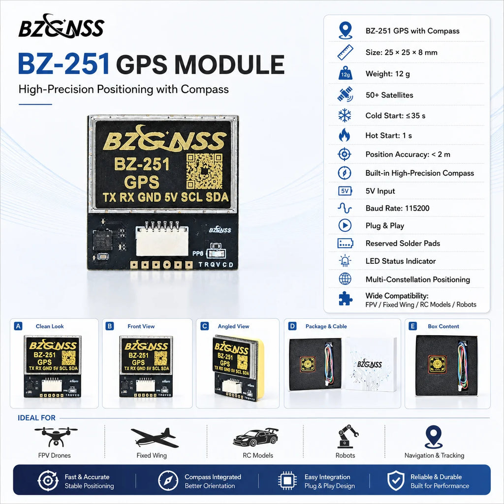 BZGNSS BZ-251 FPV GPS Module with QMC5883 Compass BN-880 Alternative 5V 115200 10Hz 72CH NMEA UBX for F405 F722 Fixed Wing Drone