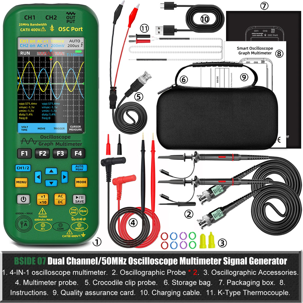 BSIDE 4-IN-1 Handheld Oscilloscope Digital Multimeter+Function Signal Generator Dual Channel O7:25MHz/O9:50MHz Current Tester