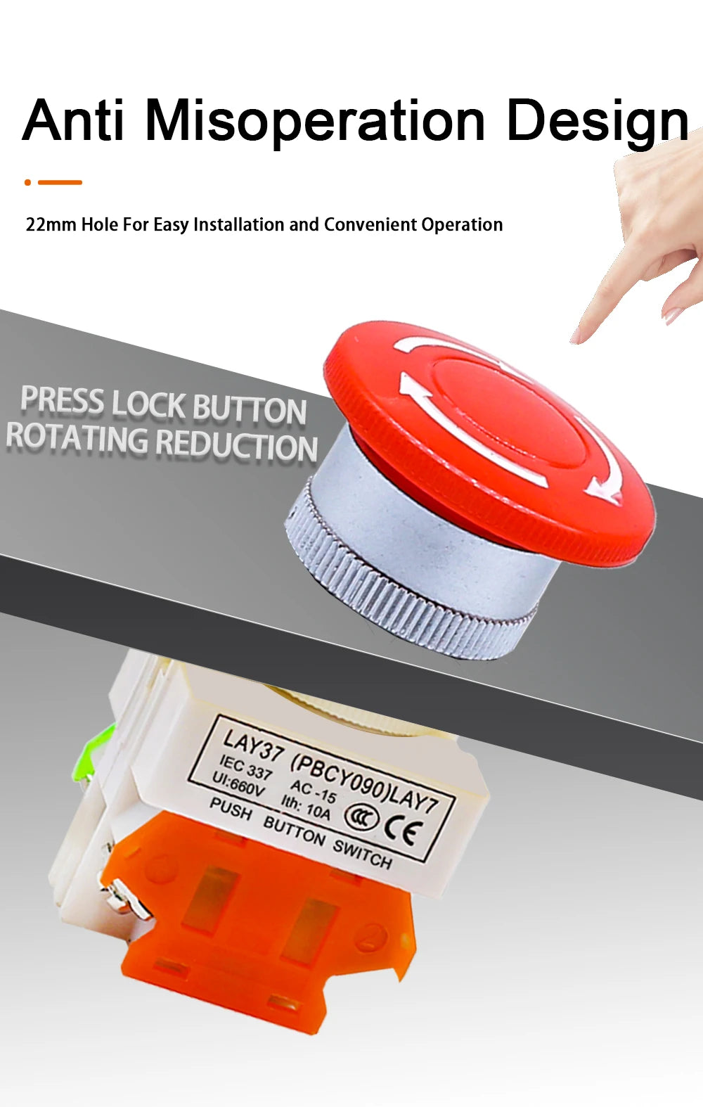 LAY7-11ZS Mushroom Head Emergency Stop Self-locking Button Switch Control Aperture Emergency Stop BButton LAY37