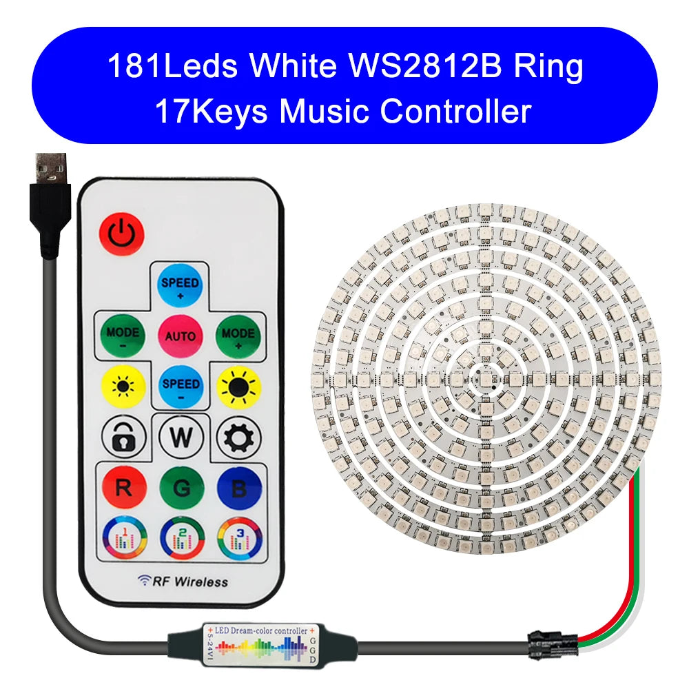DC5V WS2812B DIY LED Ring 8 to 241 Pixels 5050 RGB Individually Addressable WS2812 Round Modules With 17Keys Music RF Controller